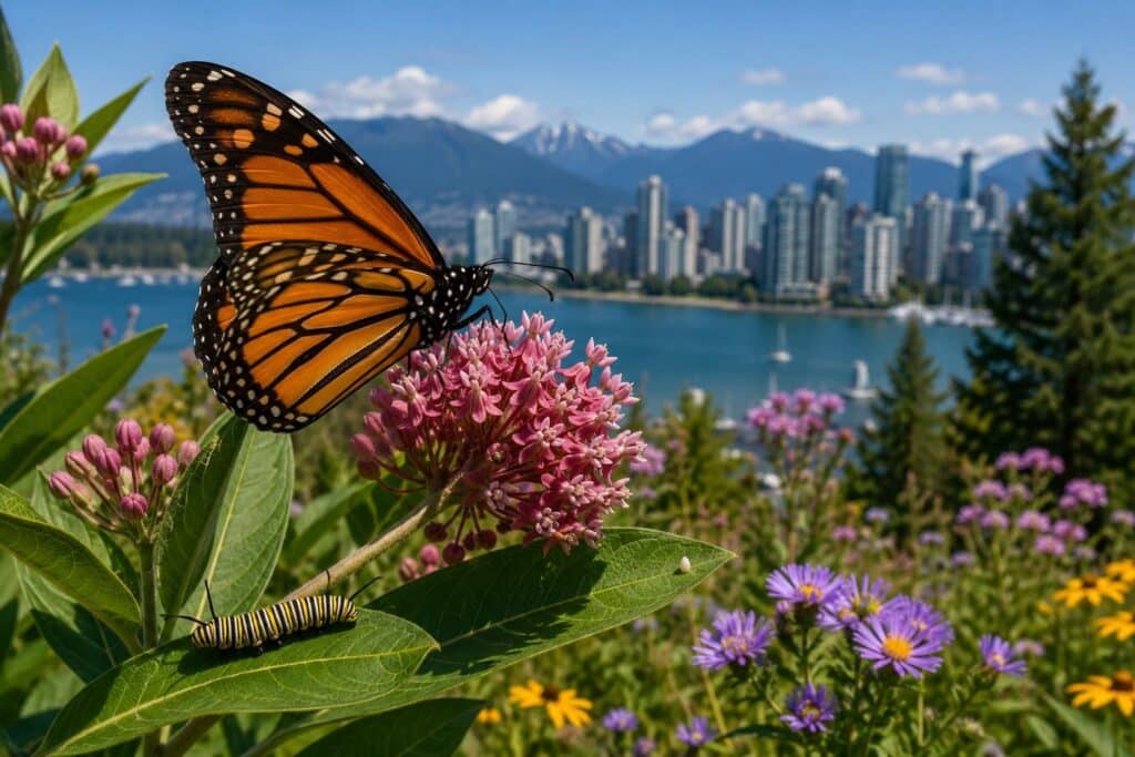 A vibrant orange and black Monarch butterfly resting on a wildflower in British Columbia.