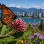 A vibrant orange and black Monarch butterfly resting on a wildflower in British Columbia.