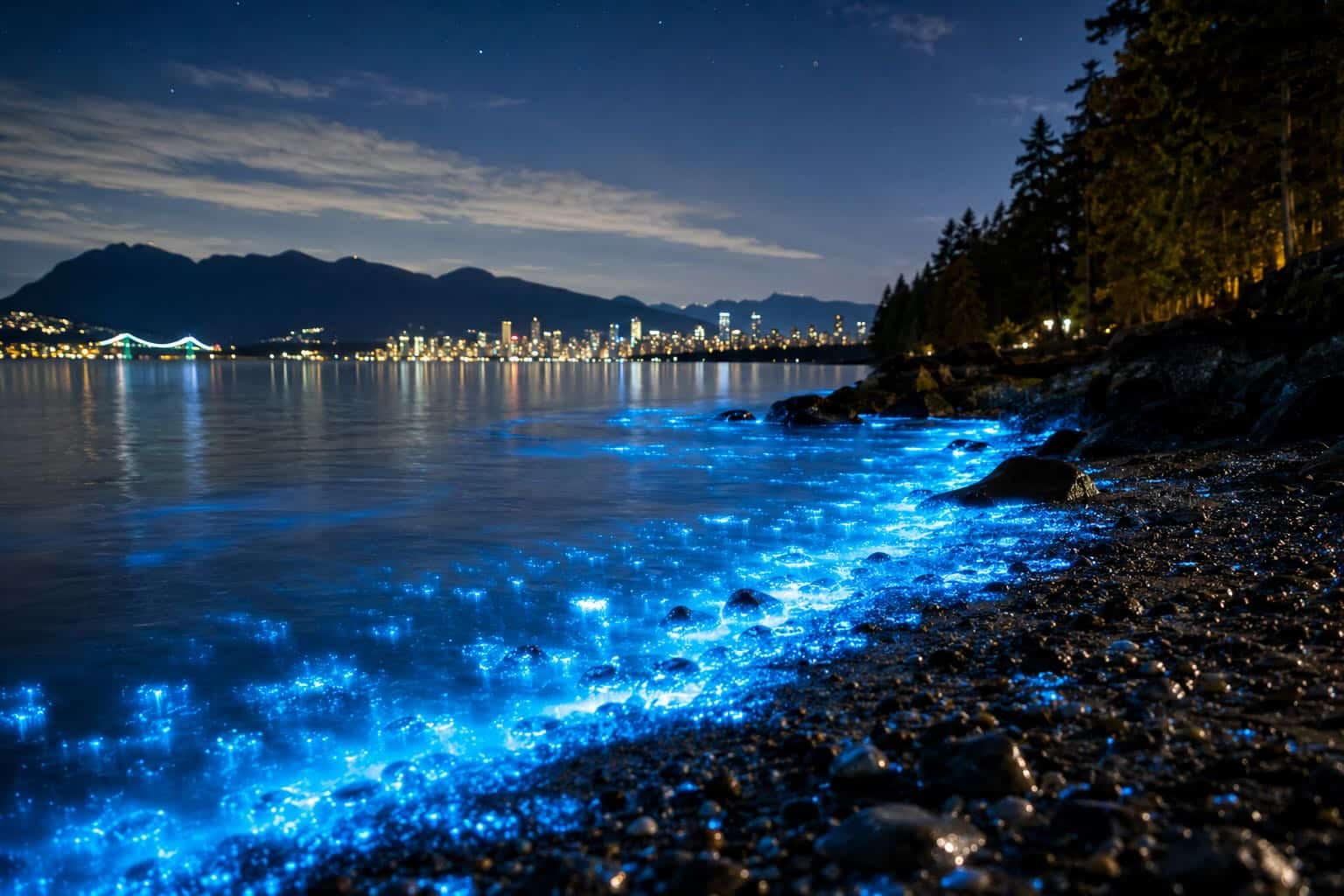 bioluminescence vancouver glowing water at night