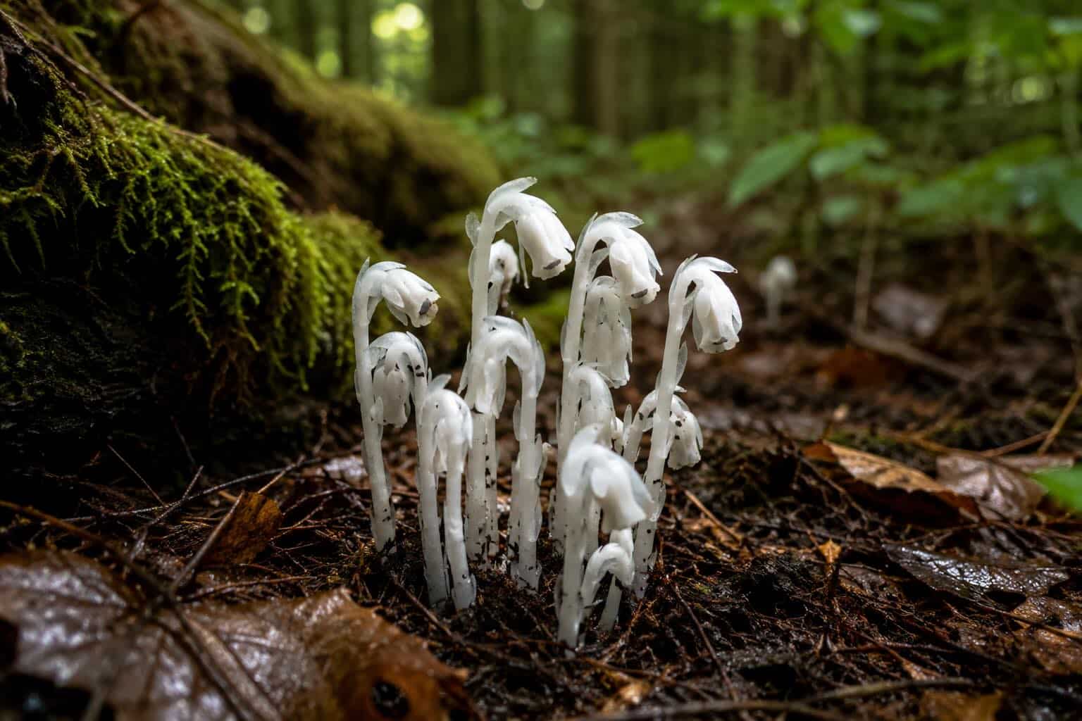 A rare translucent white Ghost Pipe plant growing on the forest floor in BC.