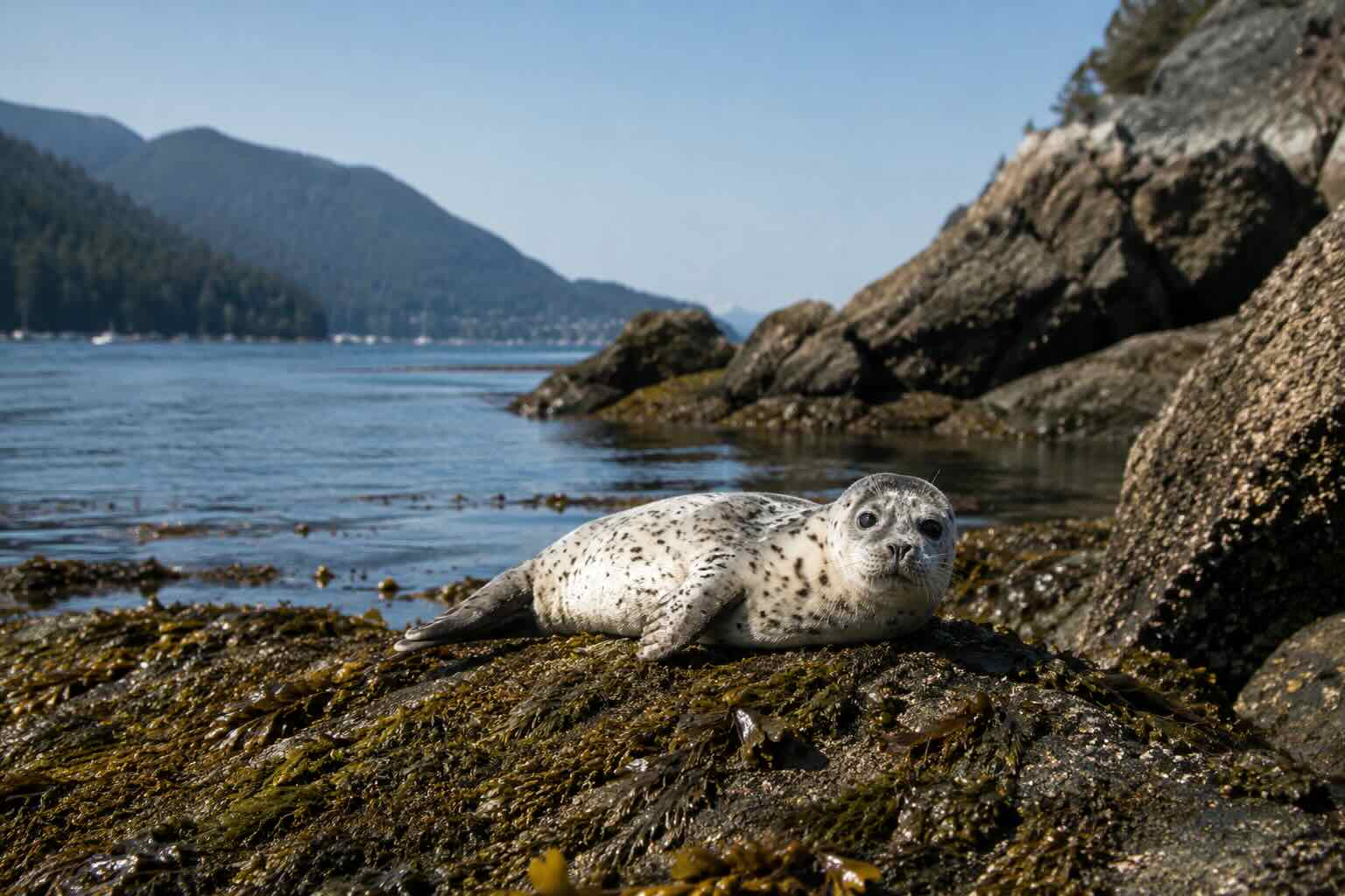 A cute Harbor Seal pup resting on the rocky shore in West Vancouver.