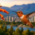 A beautiful Rufous hummingbird Vancouver flying near a red flower.