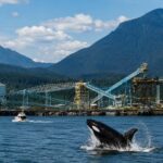 A majestic pod of 4 orcas, Vancouver harbor traffic, and the Lions Gate Bridge