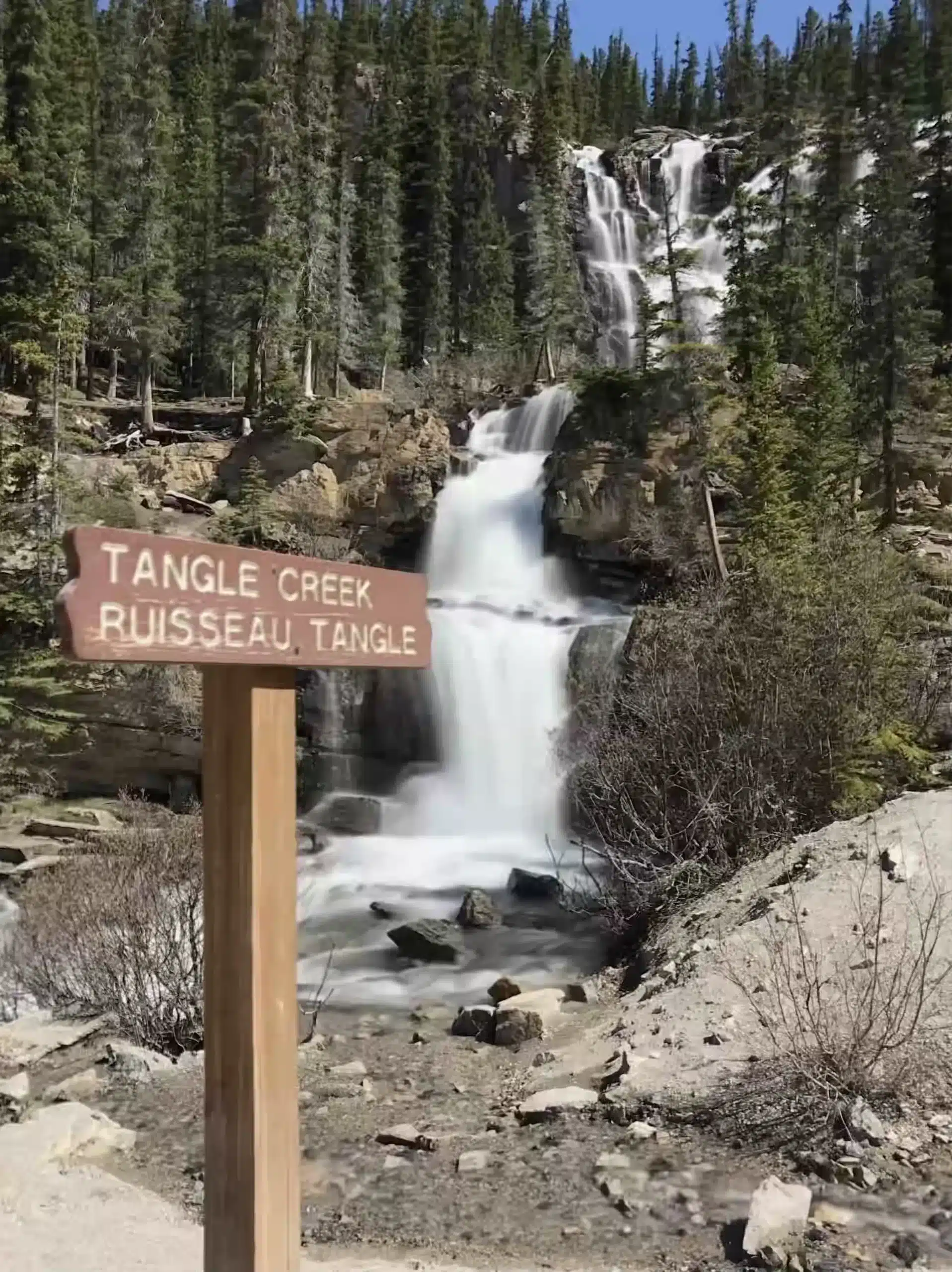 Tangle Creek falls, a popular scenic stop on a Vancouver to Banff itinerary