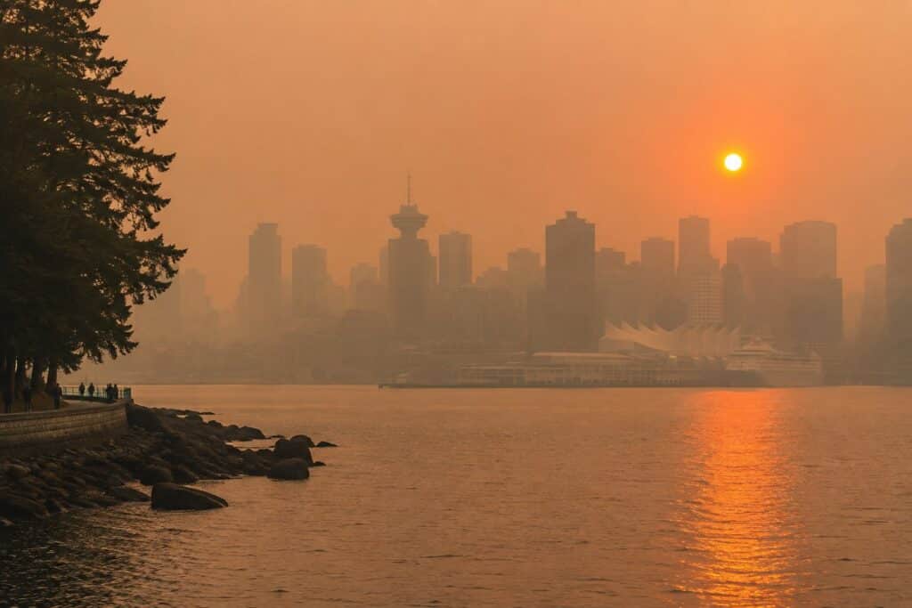 Vancouver skyline covered in haze and BC wildfire smoke