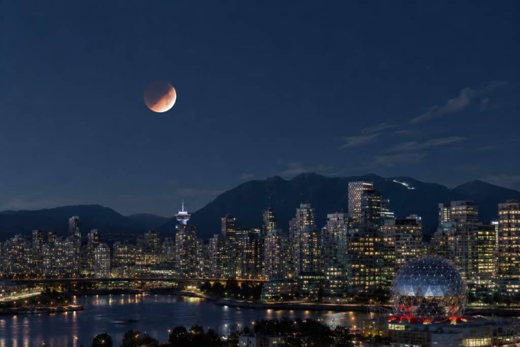 lunar eclipse Vancouver 2026 over a historic building