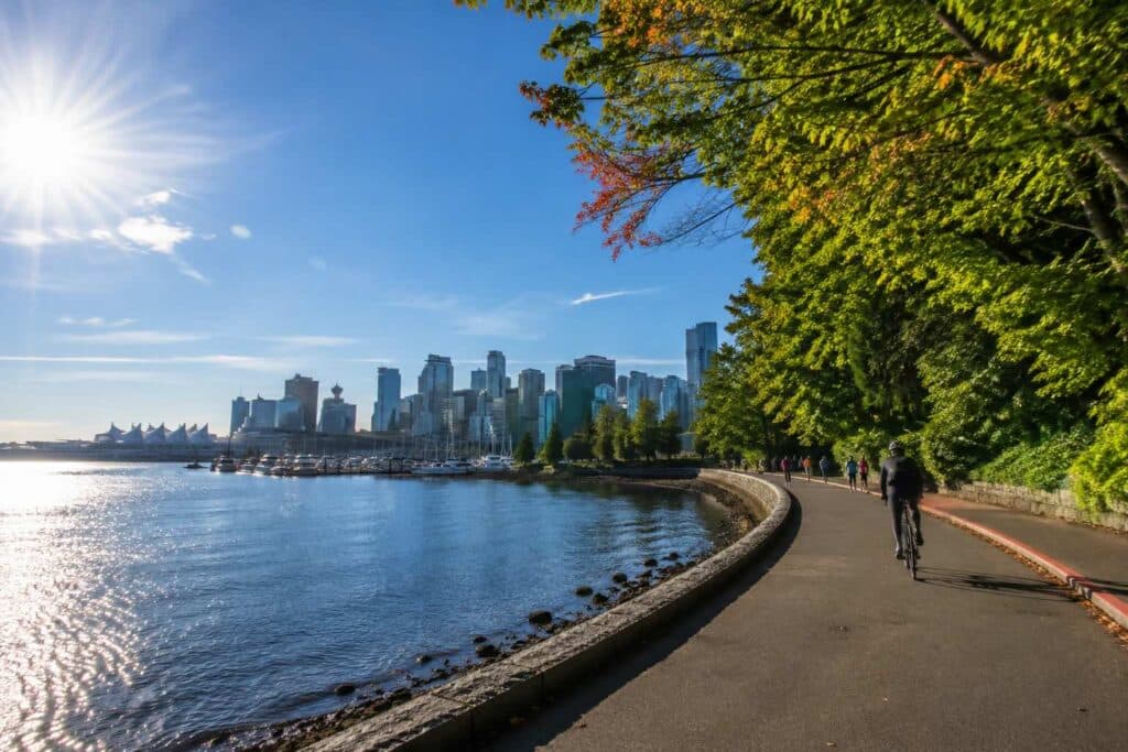 A beautiful, clear sunny day on the Stanley Park seawall showcasing the perfect Vancouver in September weather.
