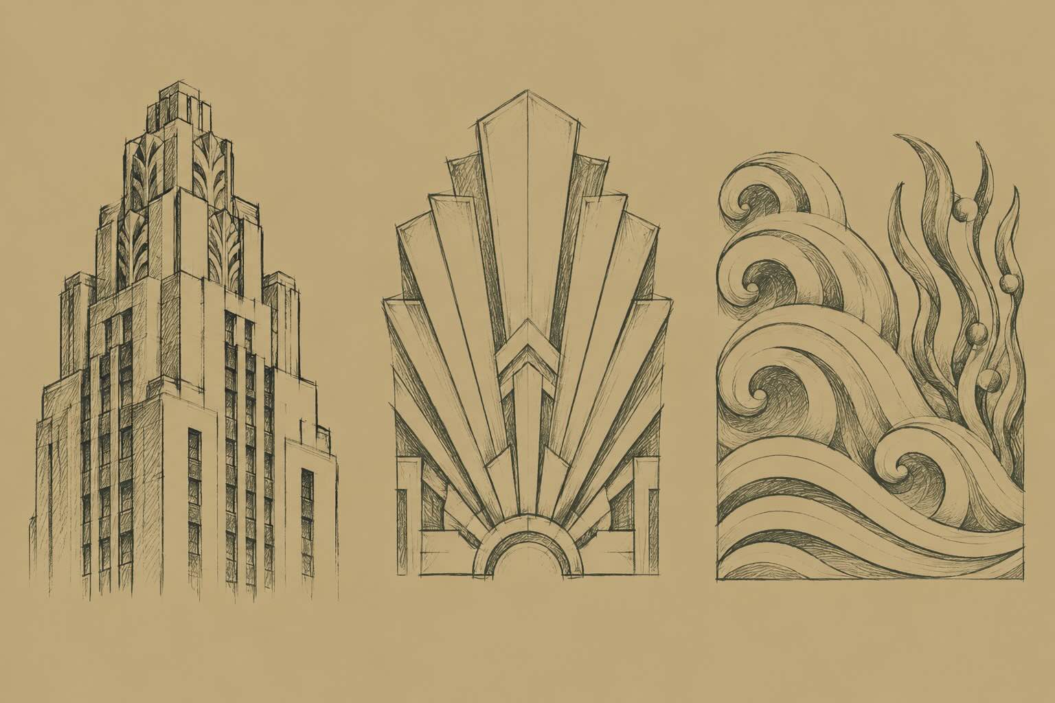 Conceptual sketches of a stepped tower, a radiating fan pattern, and stylised waves and seaweed.