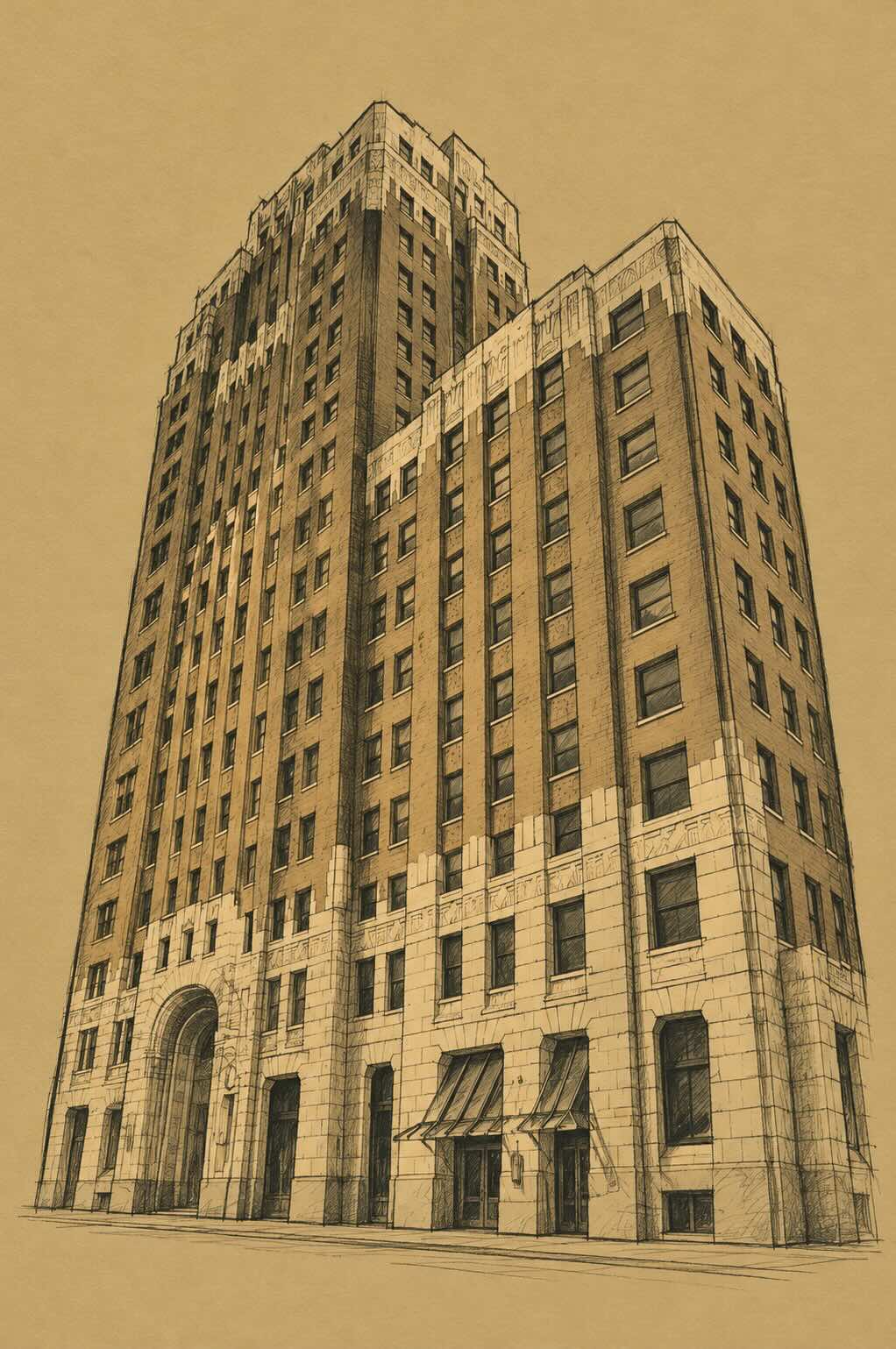 Simplified olive-coloured sketch of the Marine Building, emphasising its vertical piers and stepped tower.